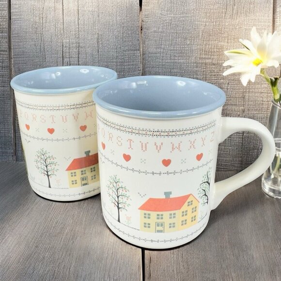 Country Decor Home Coffee Mug Cup Set 2 Mugs Cups Korea Country Setting Graphics - Picture 1 of 13
